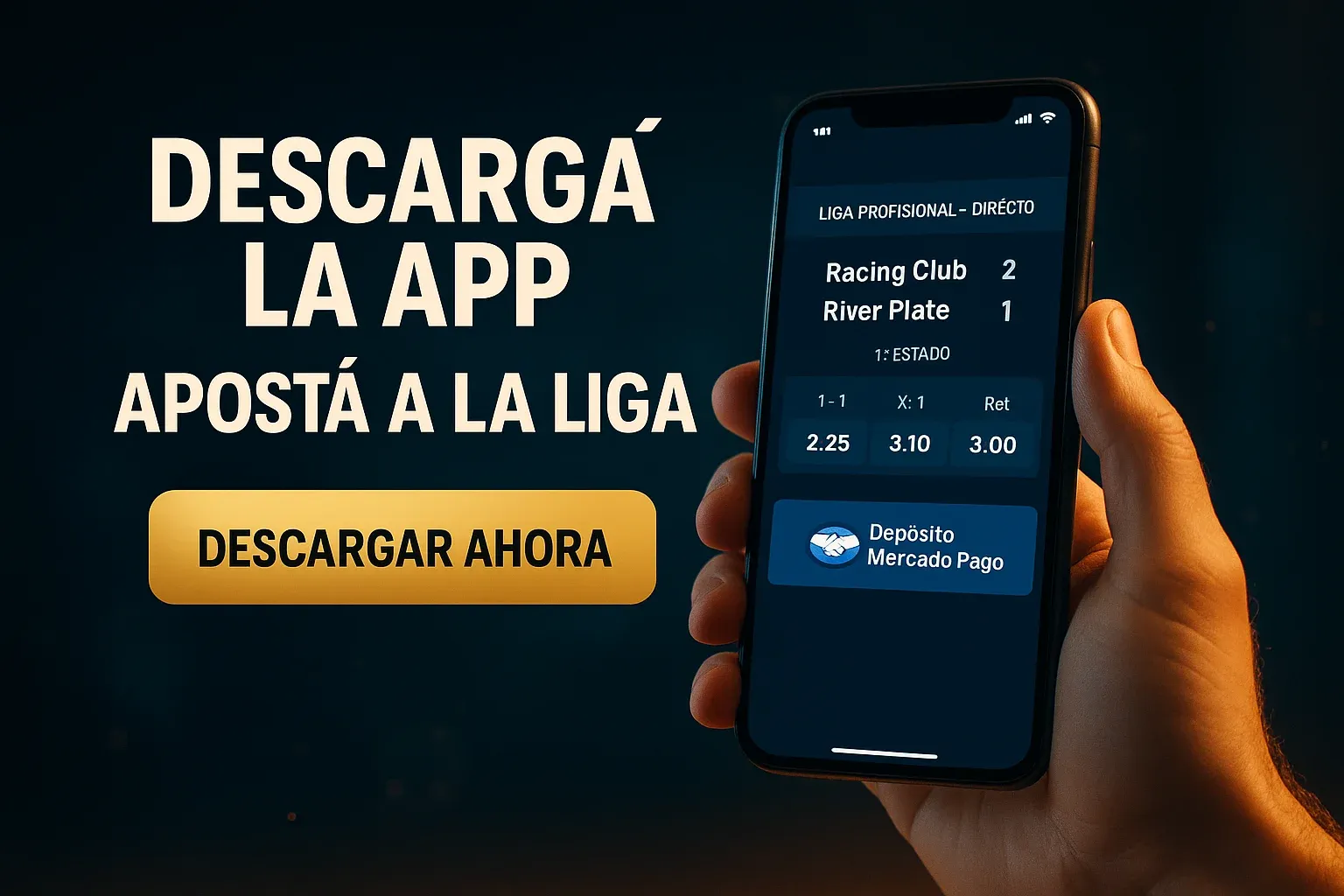 Banner de apuestas, fondo oscuro tech, celular Android con app Liga Profesional