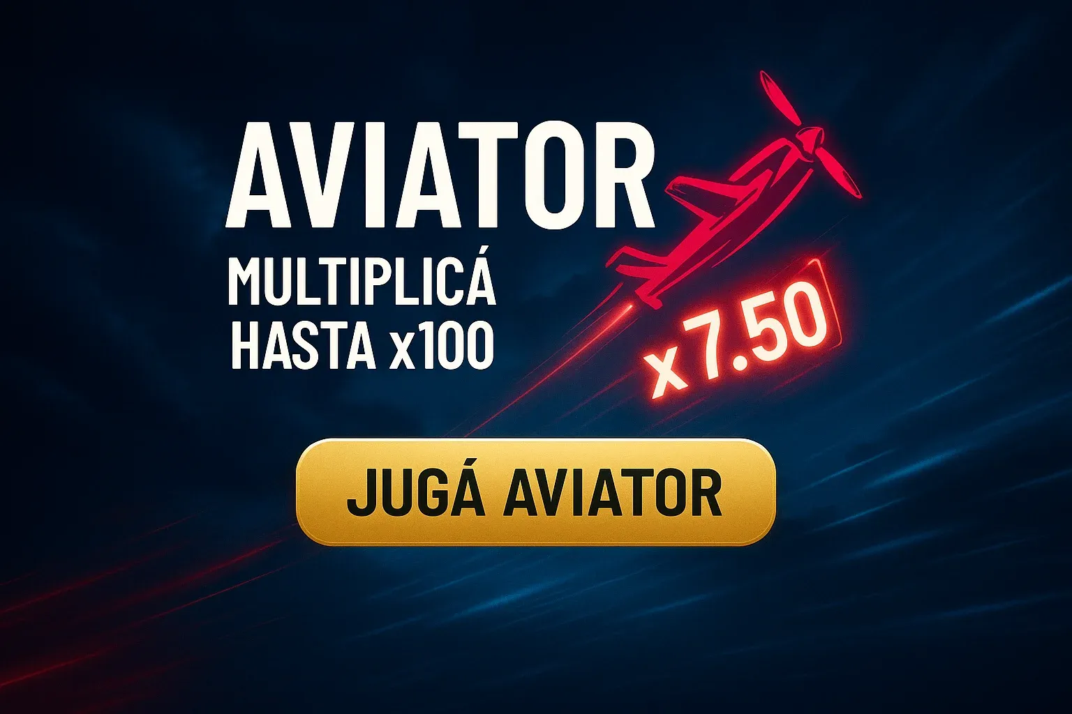 Banner Aviator con avión rojo, cielo oscuro y multiplicador x7.50 brillante