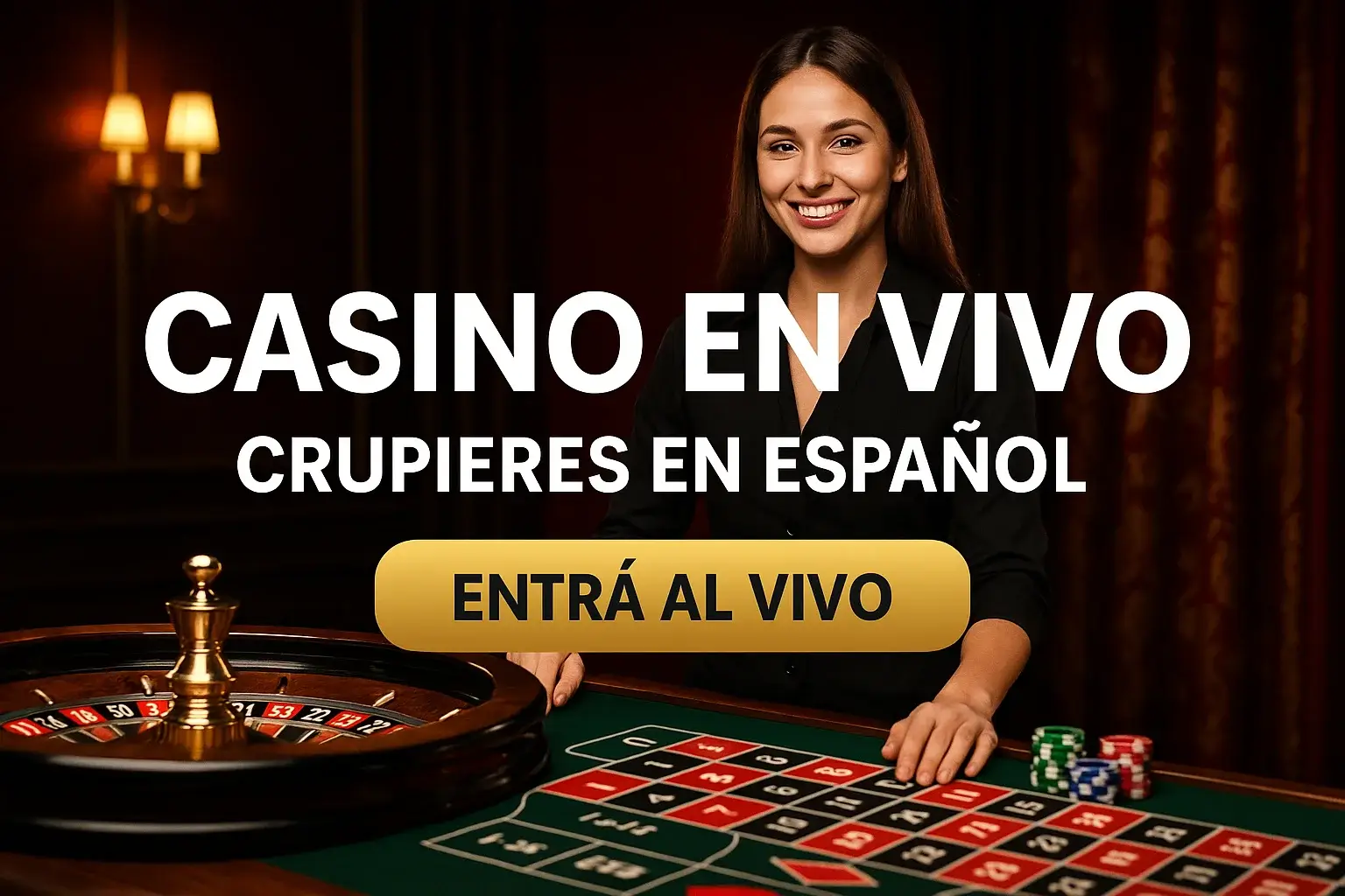 Banner casino en vivo con crupier en español, ruleta y botón Entrá al vivo