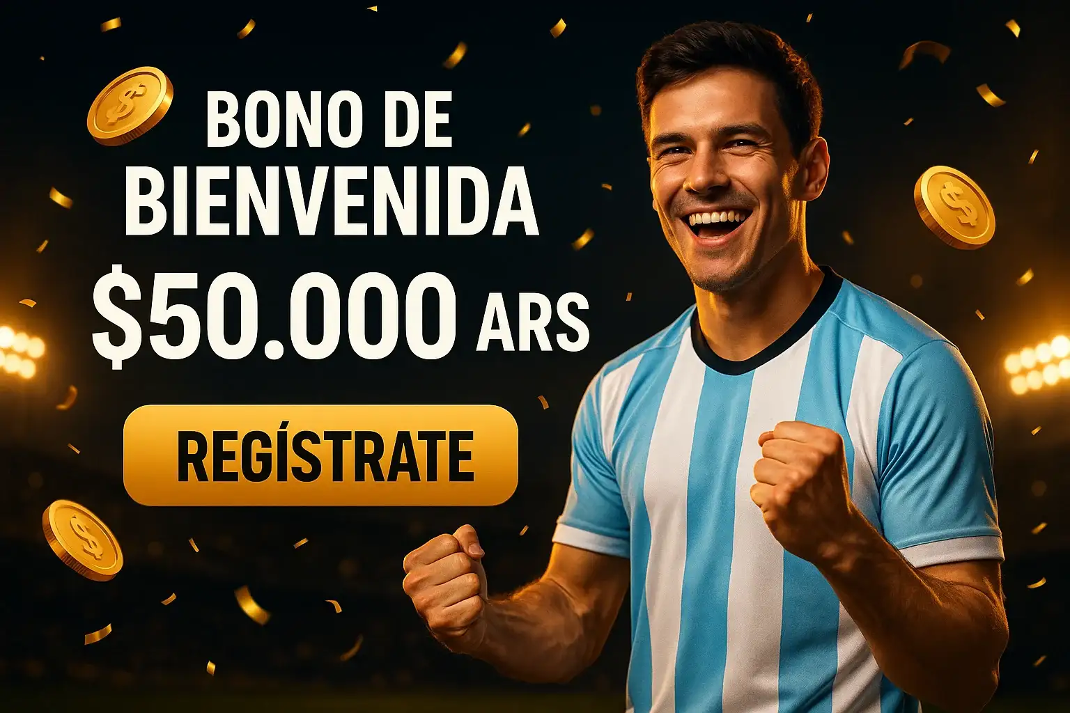Banner casino con bono de bienvenida $50.000 ARS y botón Registrate