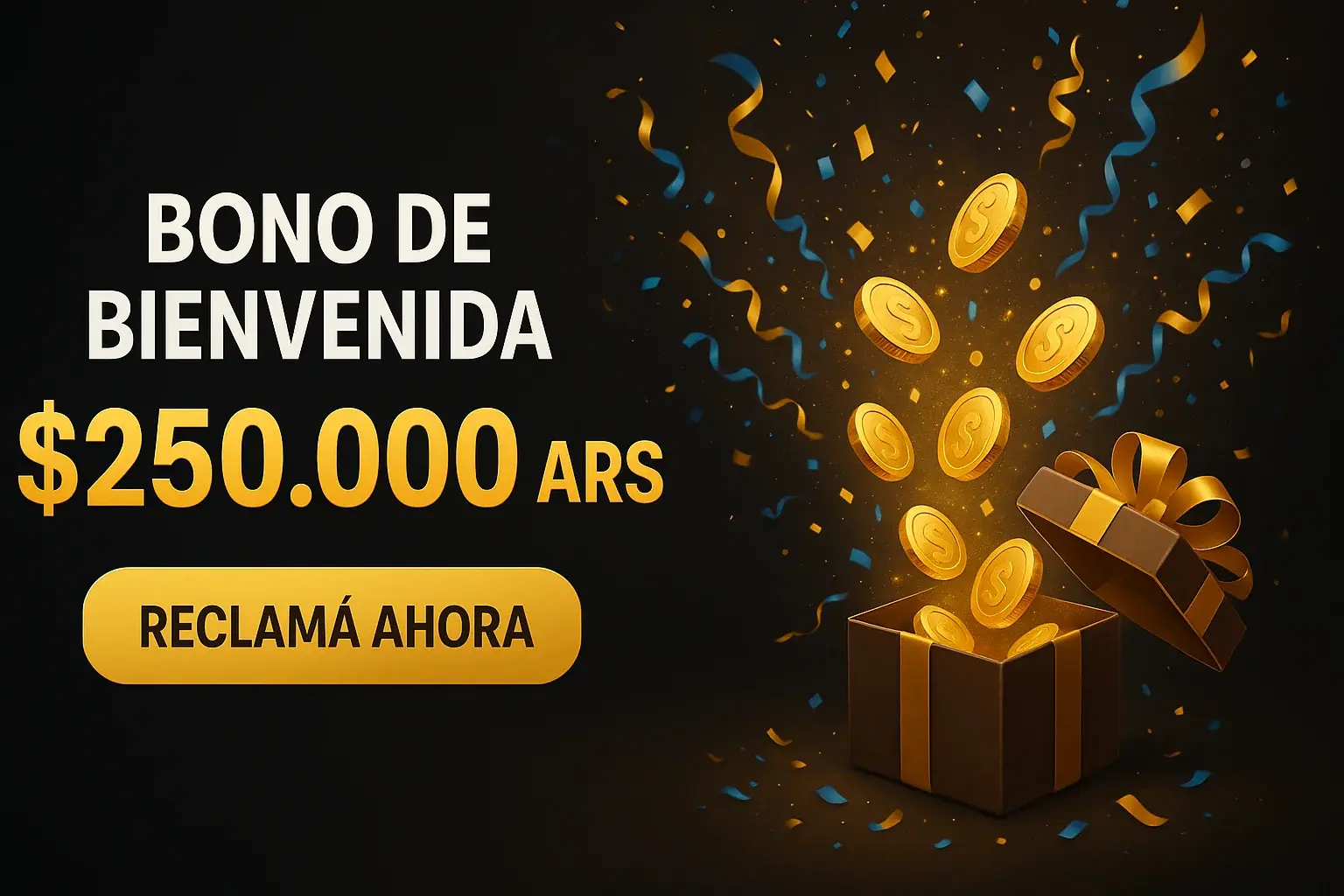 Banner de casino con bono de bienvenida 250.000 ARS y botón reclamá ahora